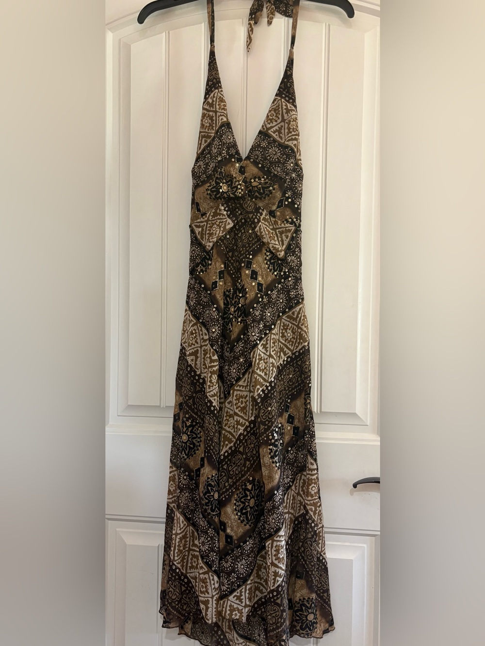 Brown Patterned Halter Maxi Dress - Brand Unspecified